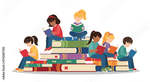 Children enjoying reading on stacks of books.