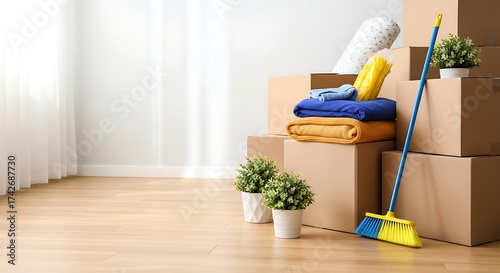 Moving boxes and cleaning supplies in an empty room with wooden floor