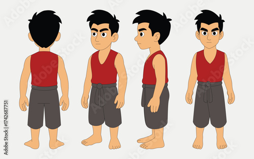 Cartoon Boy Character Design Turnaround – Front, Side, and Back View Vector Illustration