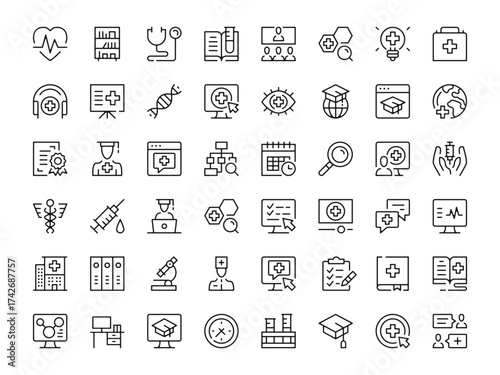 Medical education icon set. Vector line icons collection. Outline symbols. Modern design