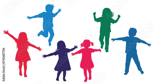 Children jumping and dancing with joy and excitement outdoors.