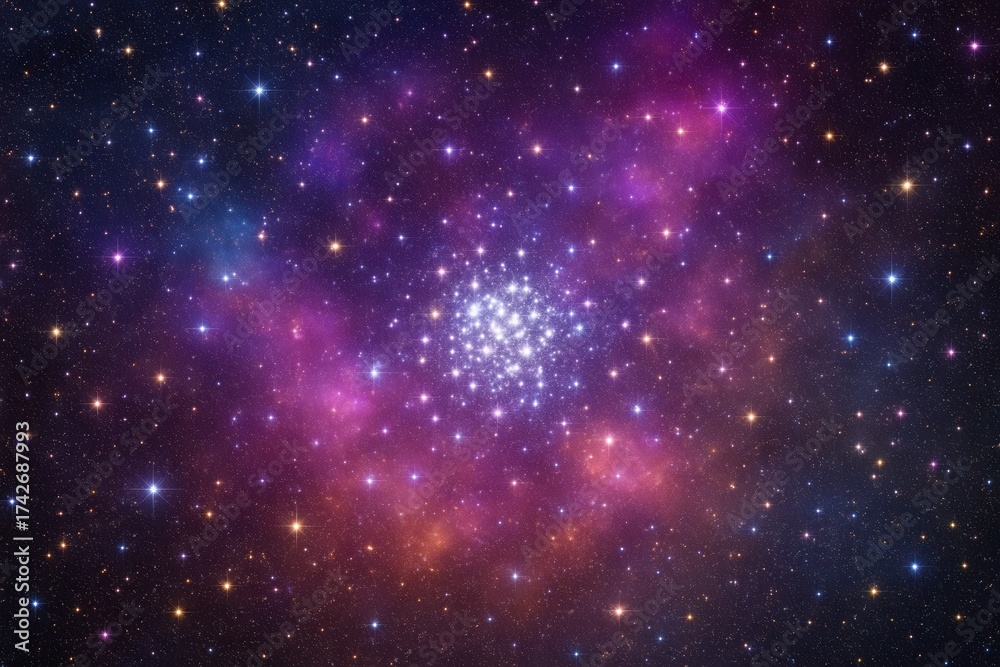 Fototapeta premium Latvia, Kandava, 2025-08-23, Latvijas kauss A cosmic tapestry of stars in hues of purple, pink, and orange, set against a backdrop of infinite space