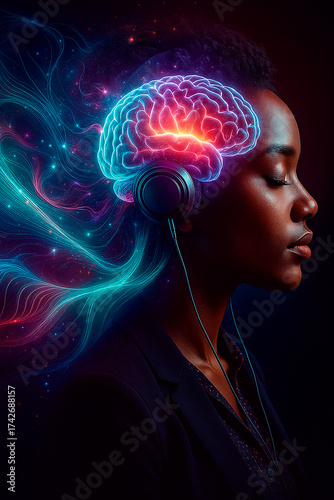 Neural Harmony — African Woman Immersed in Music and Digital Energy. Generative AI.