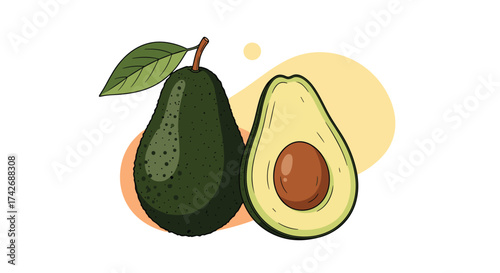 Whole and halved avocado with smooth rounded shapes in pastel yellow and orange behind it.