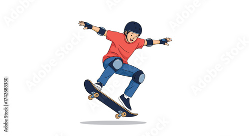 A young boy is performing a trick on his skateboard.