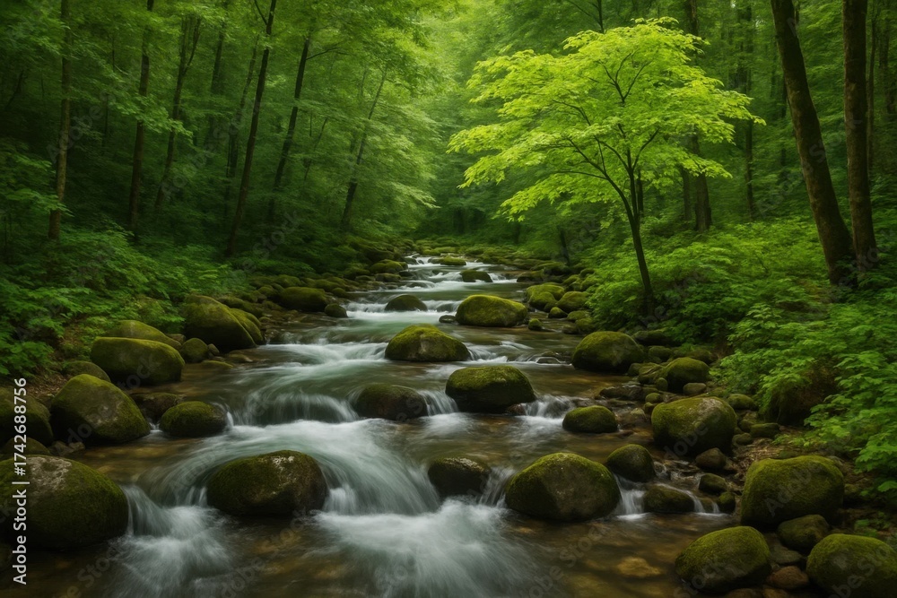 Obraz premium Latvia, Kandava, 2025-08-23, Latvijas kauss A Serene Forest Stream Flows Through a Lush Green Landscape