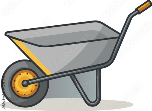 Gray Wheelbarrow with Yellow Trim and Single Wheel on a transportation background.