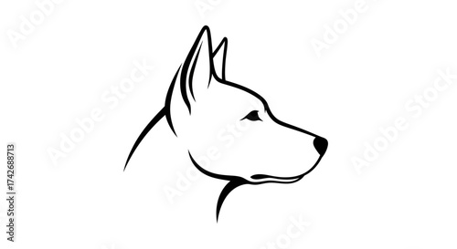 Minimalist line drawing of a dog's head in profile, featuring pointed ears and a sleek silhouette.