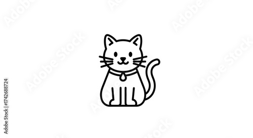A simple line drawing of a cat sitting upright with a collar and a pendant.