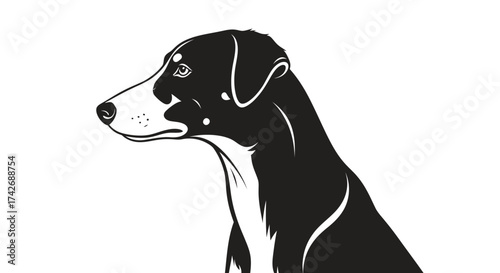 A monochrome illustration of a dog's profile, showcasing its head and neck.
