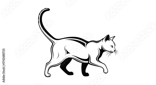 A stylized black and white illustration of a walking cat, showing graceful movement.