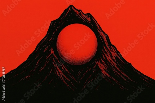 Latvia, Kandava, 2025-08-23, Latvijas kauss A solitary red sphere rests atop a black mountain peak against a vibrant red backdrop, symbolizing isolation or prominence