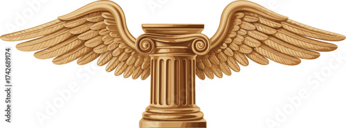 Winged column, golden sculpture, classical architecture, Ionic capital, freedom symbol, ancient design, majestic emblem, heritage art, elegant ornament, timeless motif