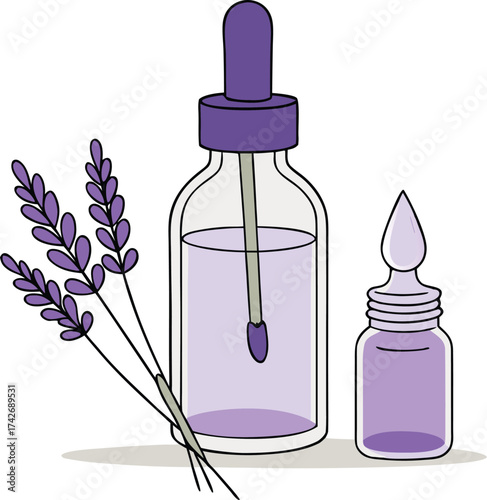 Lavender Sprigs and Two Dropper Bottles of Purple Liquid flowers essential oil
