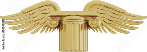 Golden winged column, classical architecture, Ionic capital, decorative emblem, flying symbol, ancient design, majestic ornament, heritage art, elegant sculpture, timeless motif