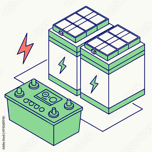 Isometric illustration showcasing solar energy storage solutions, featuring batteries and a lightning bolt, depicts sustainable power