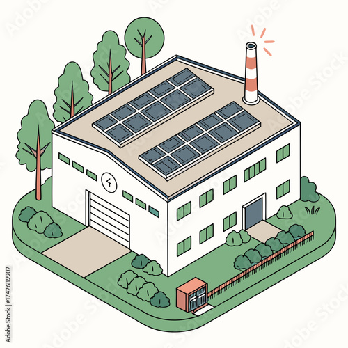 Isometric illustration of a modern factory with solar panels on the roof, surrounded by trees, showcasing sustainable energy and ecofriendly practices