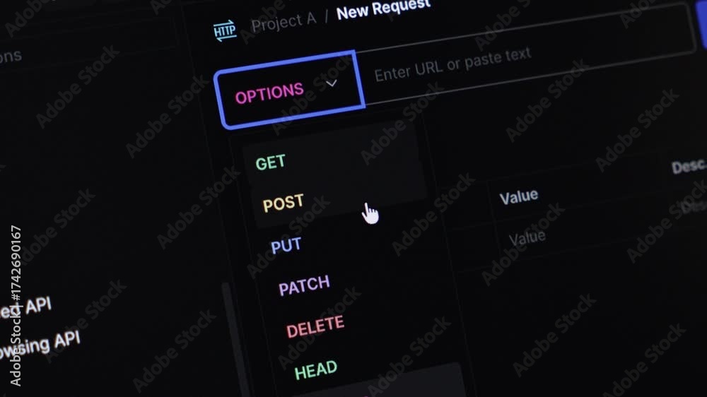 Digital API client interface displaying a dropdown menu with essential ...