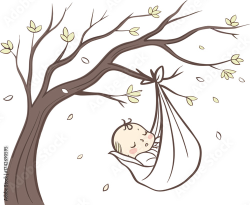 Sleeping Baby in a Sling Hanging from a Tree Branch with Falling Leaves on a transportation background.