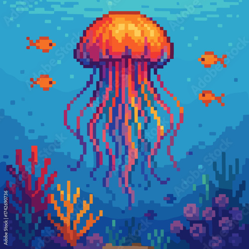 Pixel art jellyfish swimming with orange fish in a colorful underwater scene