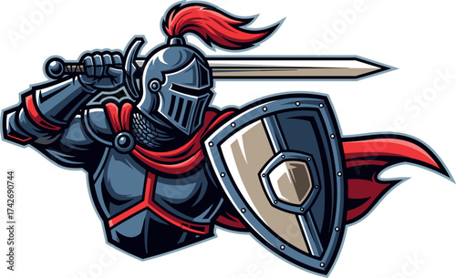 Medieval knight illustration, armored warrior with sword and shield, red cape, battle-ready pose, fantasy character design, heroic fighter, vector artwork, dark theme