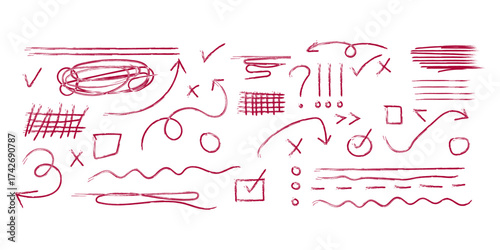 Hand Drawn Red Sketchy Doodle Elements for Presentations and Educational Resources Featuring Arrows Checkmarks Exclamation Points and Abstract Markings