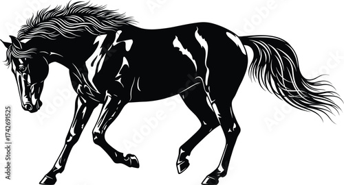 black and white horse illustration, dynamic pose, graceful trot, flowing mane, realistic shading, elegant animal art, powerful equine drawing, motion