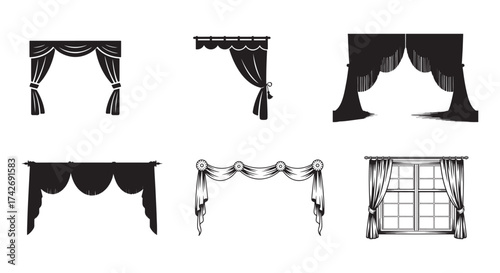 Curtain Silhouette Clip art Set, Elegant Window Drapes and Vintage Valances Vector Collection.