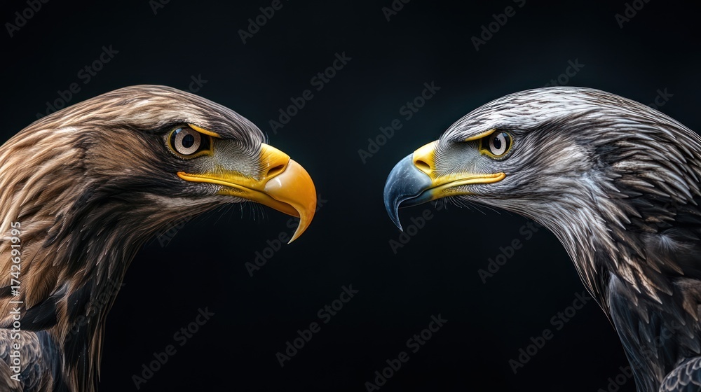 Obraz premium Two eagles face off, close-up
