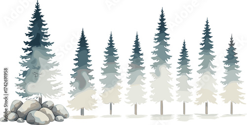 Stylized forest illustration, conifer trees and rocks, atmospheric depth, nature landscape, digital art, vector scene, tranquil woods, scenic terrain