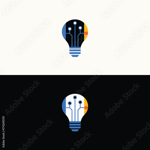 A striking logo design featuring a lightbulb integrated with circuit elements, symbolizing innovation and technology, presented on both black and white backgrounds for versatility