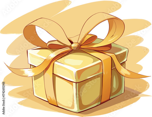 Yellow Gift Box with Golden Ribbon and Bow on Abstract Background