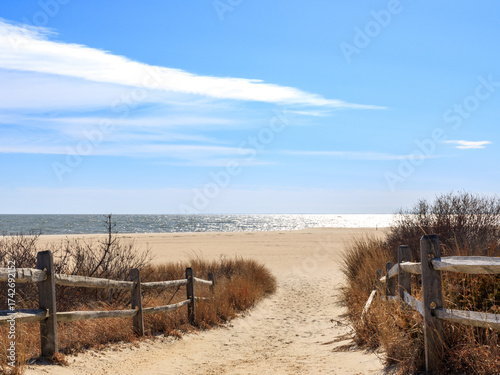 Serene beach pathway under bright blue sky with gentle waves in the distance at midday