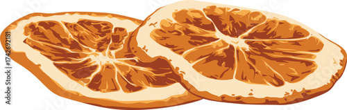 Two dried orange slices are displayed close together, showcasing their texture and color.
