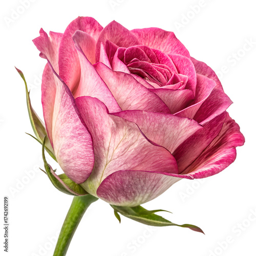 Close up of a pink rose with dark pink edges and green stem flower bloom