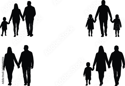 Silhouette vector illustration of parents walking with children together showing family love, unity, parenting, bonding, care, and togetherness concept design