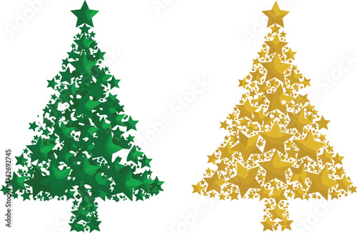 Green and gold Christmas trees made of stars, festive holiday decoration design, elegant seasonal ornament comparison, celebration theme, flat vector