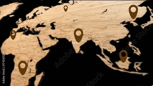 Localization mark A wooden world map with brown location pins marking various global points, symbolizing travel, geography, and international connections. 4k alpha channel