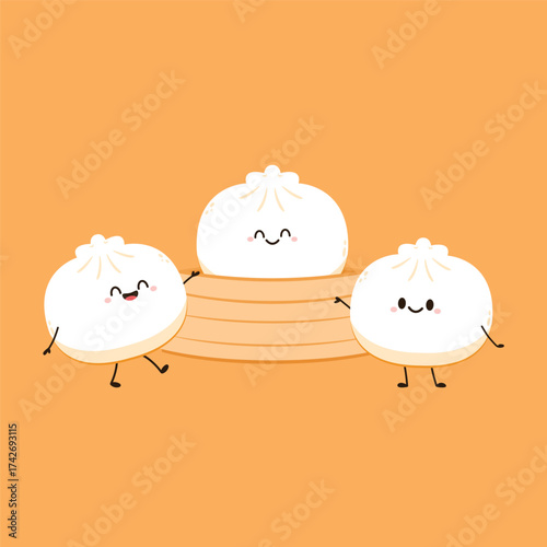 Cute Dim sum character, traditional Chinese dumplings, with funny smiling faces. Kawaii Asian food vector. wood basket.