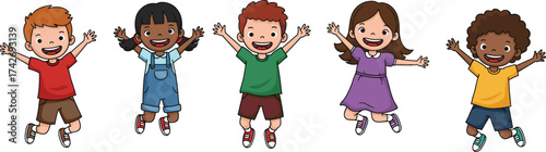 Happy diverse children jumping with joy, cartoon kids celebrating together, flat vector illustration of playful childhood fun and friendship