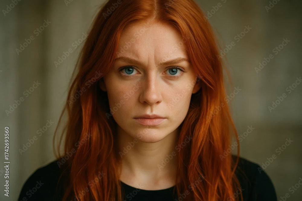 Fototapeta premium Latvia, Kandava, 2025-08-23, Latvijas kauss A moment of contemplation captured in the eyes of a young woman with fiery red hair
