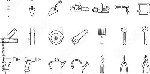 Hand tools, power tools, garden tools, construction icons, black and white, vector set, line art, isolated, illustration, equipment