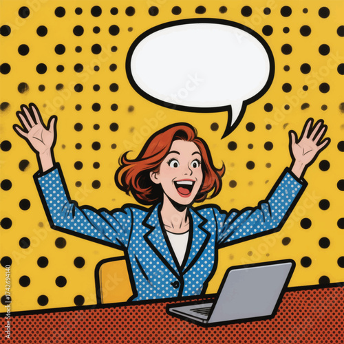 A woman with red hair celebrates success in a pop art style illustration