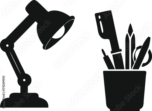 Vector illustration of a set of tools, desk lamp, and desktop computer equipment isolated on black