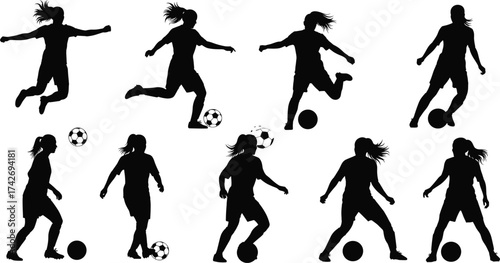 Female soccer silhouettes, athletic women kicking ball, football action poses, dynamic sports movement, black silhouettes on white, soccer training concept