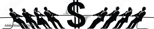 Business team conflict, financial competition, corporate tug of war, dollar struggle, economic power fight, finance dispute, money tension, rivalry concept