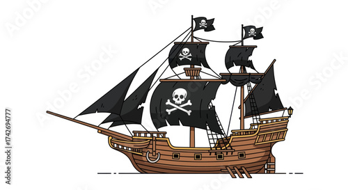 Classic wooden pirate ship illustration with black Jolly Roger sails and flags.