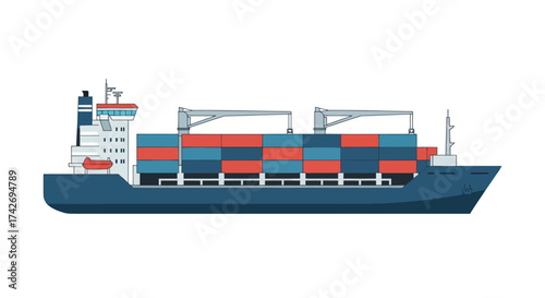 Large cargo ship loaded with colorful shipping containers at sea.