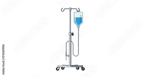 Intravenous Drip Stand with Blue Liquid Solution Bag.