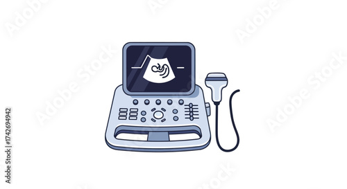 Medical Ultrasound Machine with Fetal Scan Display and Transducer Probe.